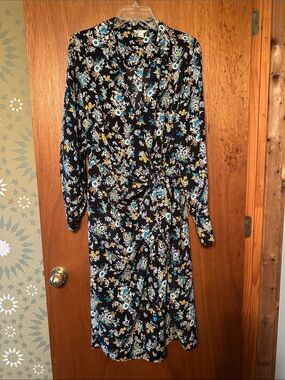 Cato Black Floral Wrap Midi Dress with Blue & Yellow Flowers